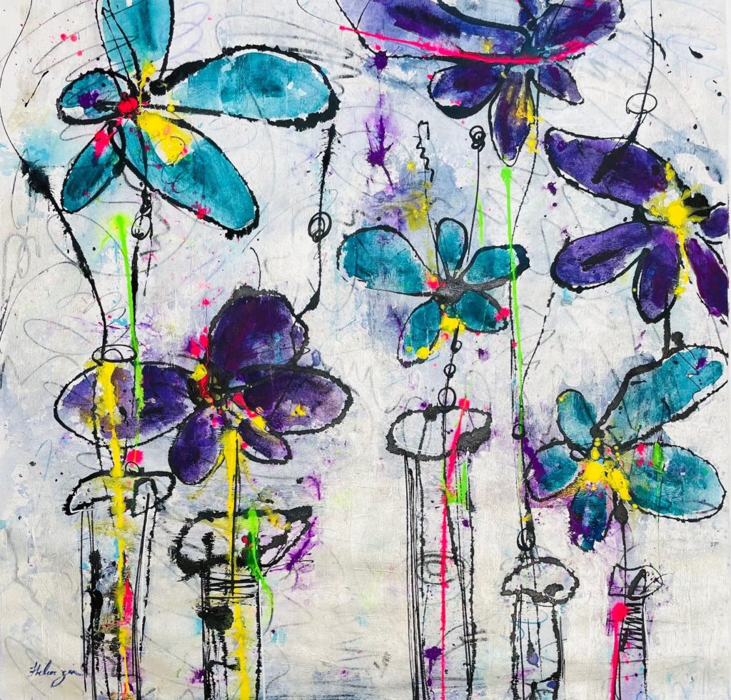 Fleurs Abstracto Silver I, Oil on canvas by Helen Zarin